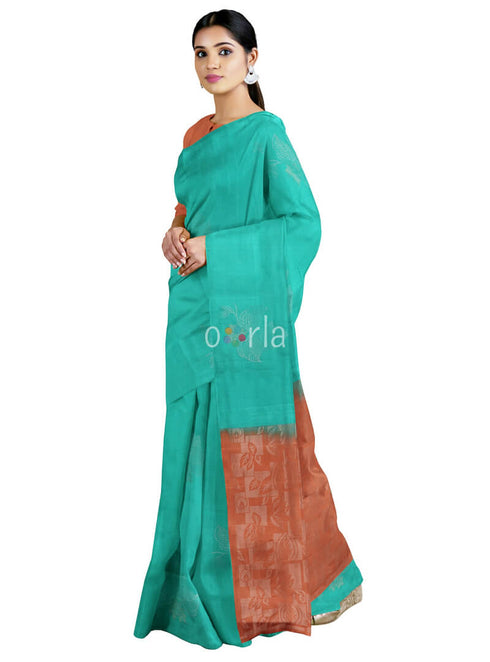 Prakruthi Vanya Teal Blue & Rusty Orange Bhutta Handloom Tencel Vegan Silk Saree