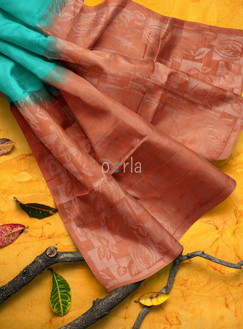 Prakruthi Vanya Teal Blue & Rusty Orange Bhutta Handloom Tencel Vegan Silk Saree