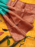 Prakruthi Vanya Teal Blue & Rusty Orange Bhutta Handloom Tencel Vegan Silk Saree