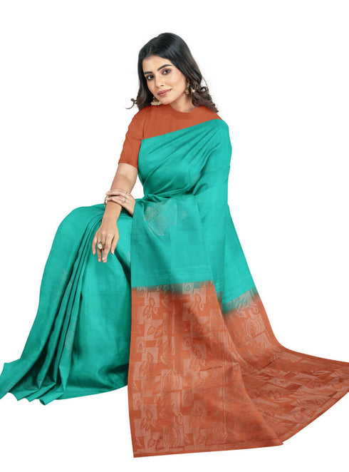 Prakruthi Vanya Teal Blue & Rusty Orange Bhutta Handloom Tencel Vegan Silk Saree