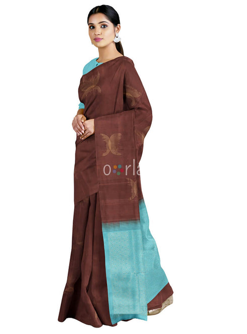 Prakruthi Vanya Brown & Blue Bhutta Handloom Tencel Vegan Silk Saree
