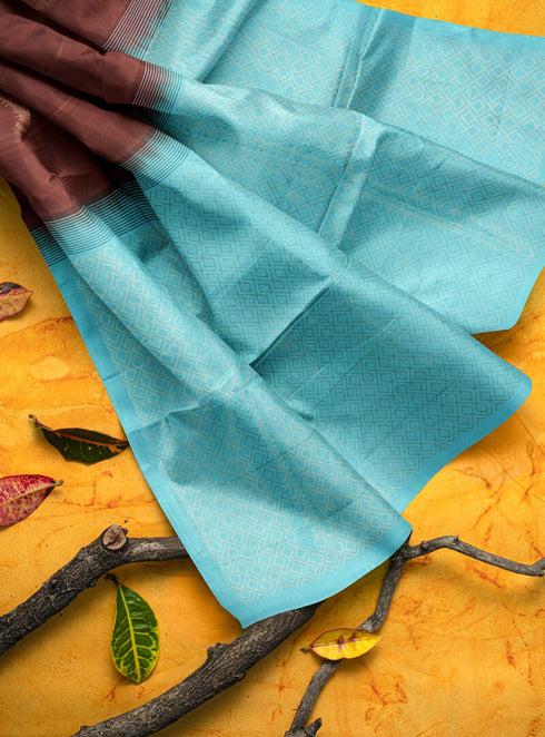 Prakruthi Vanya Brown & Blue Bhutta Handloom Tencel Vegan Silk Saree