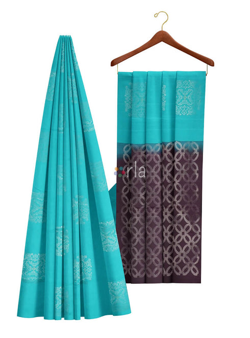 Prakruthi Vanya Teal Blue & Brown Bhutta Handloom Tencel Vegan Silk Saree