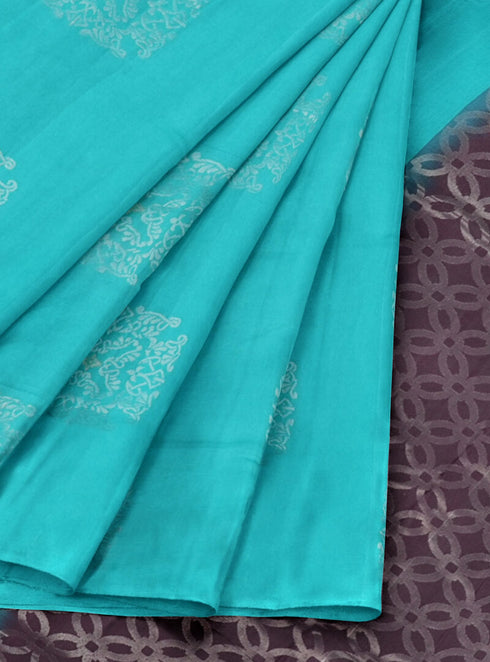 Prakruthi Vanya Teal Blue & Brown Bhutta Handloom Tencel Vegan Silk Saree