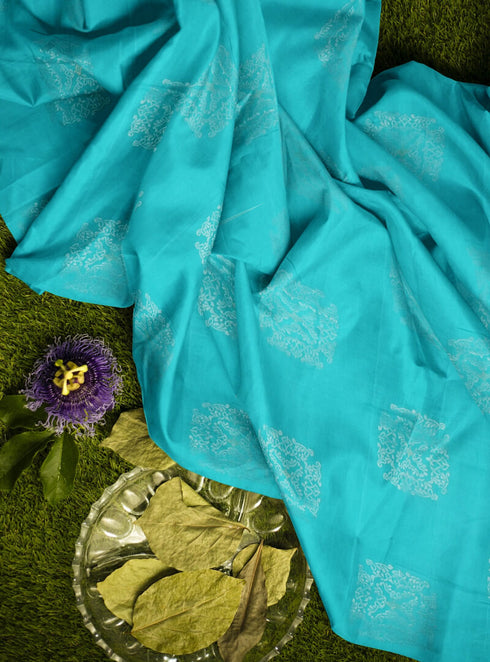 Prakruthi Vanya Teal Blue & Brown Bhutta Handloom Tencel Vegan Silk Saree
