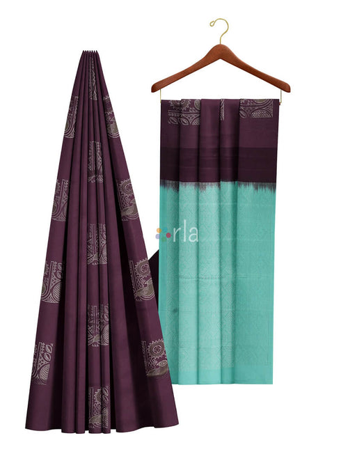Prakruthi Vanya Brown & Teal Blue Bhutta Handloom Tencel Vegan Silk Saree