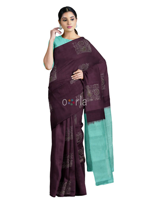 Prakruthi Vanya Brown & Teal Blue Bhutta Handloom Tencel Vegan Silk Saree