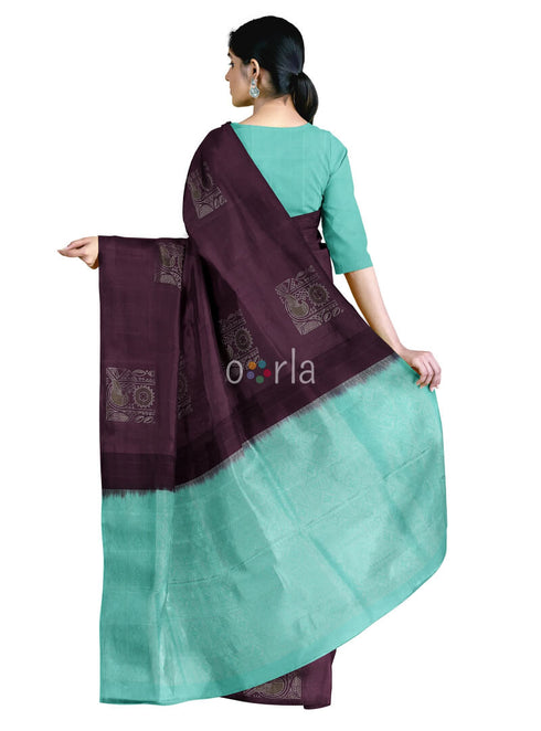 Prakruthi Vanya Brown & Teal Blue Bhutta Handloom Tencel Vegan Silk Saree