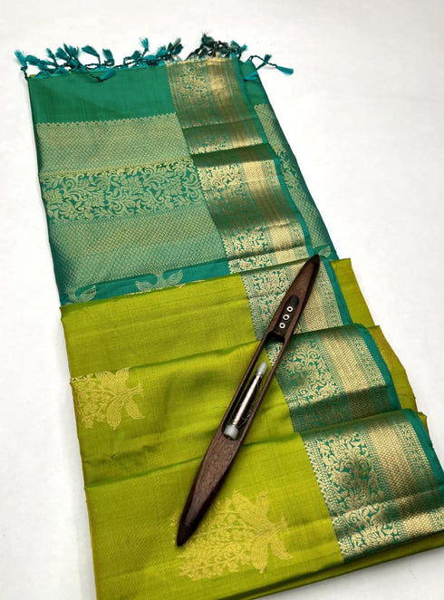 Prakruthi Mughizh Apple Green & Aqua Green Kanchi Border Bhutta Handloom Soft Silk Saree
