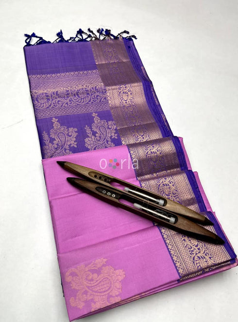 Prakruthi Mughizh Pink & Purple Kanchi Border Bhutta Handloom Soft Silk Saree