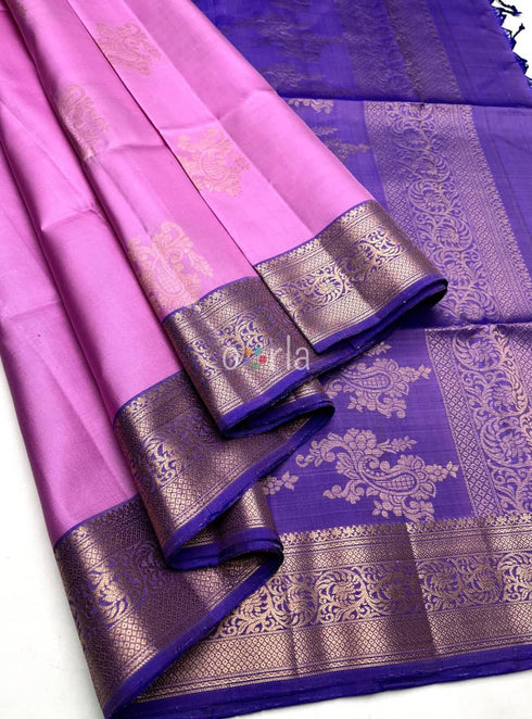 Prakruthi Mughizh Pink & Purple Kanchi Border Bhutta Handloom Soft Silk Saree