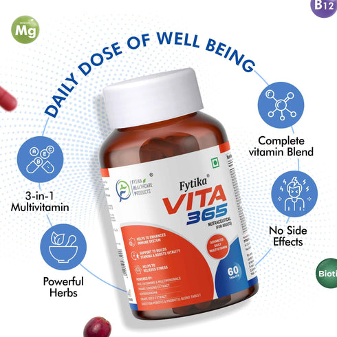 Fytika Healthcare Products Fytika Vita 365 3 in 1 Multivitamin Boosts Energy Gut Health Manages Stress Ashwagandha Probiotics Ginseng For Men Women 60 Tablets