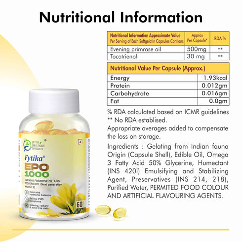 Fytika Healthcare Products Fytika Evening Primrose Oil EPO 1000 MG Promotes Hormonal Balance Radiant Skin Relieves PMS 60 Softgels