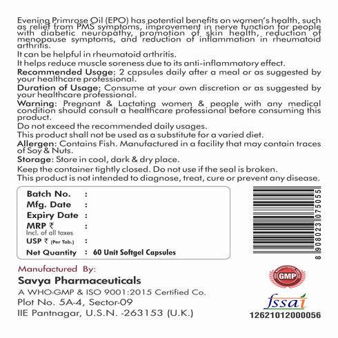 Fytika Healthcare Products Fytika Evening Primrose Oil EPO 1000 MG Promotes Hormonal Balance Radiant Skin Relieves PMS 60 Softgels
