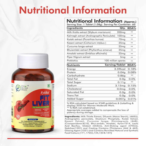 Fytika Healthcare Products Fytika Fit Liver Liver Detox Supplement Liver Detox with Milk Thistle Kalmegh Kutaki Kasani Haldi For Men & Women 60 Tablets