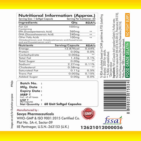 Fytikahealthcareproducts Fytika Omega 1000 Heart Brain Joint Muscle Support EPA 360 MG DHA 240 MG Omega Fatty Acids 400 MG For Men Women 60 Capsules