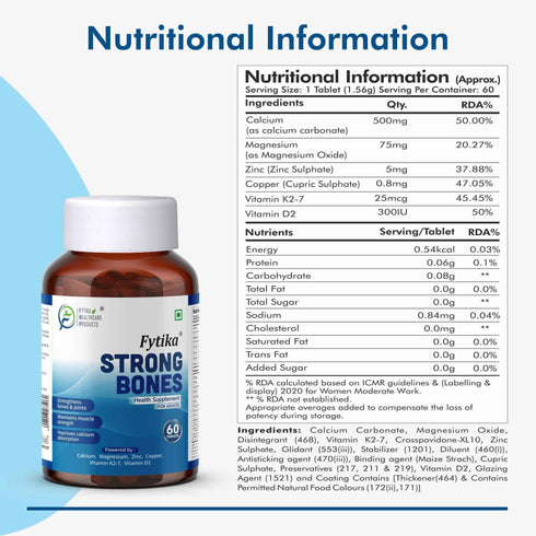 Fytika Healthcare Products Fytika Strong Bones Bone Health Supplement Supports Bone Health 1000 MG Calcium Vitamin D2 Magnesium Zinc For Men Women Pack of 2 120 Tabs