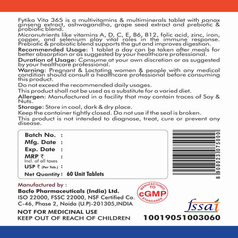 Fytika Healthcare Products Fytika Vita 365 3 in 1 Multivitamin Boosts Energy Gut Health Manages Stress Ashwagandha Probiotics Ginseng For Men Women 60 Tablets