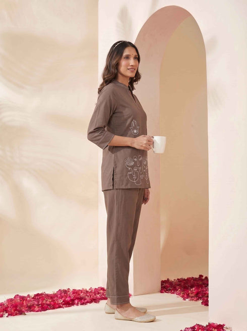 Miravan Womens Grey Embroidered Kurta with palazzo Set