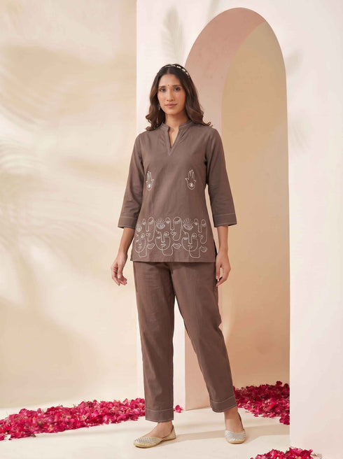 Miravan Womens Grey Embroidered Kurta with palazzo Set