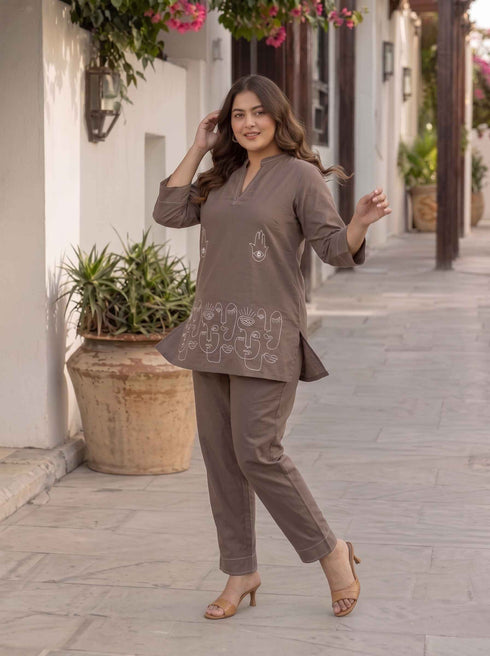 Miravan Womens Plus Size Grey Embroidered Kurta with palazzo Set