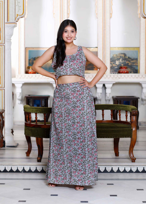 Miravan Womens Grey Floral Printed Crop Top And Skirt Co Ord Set