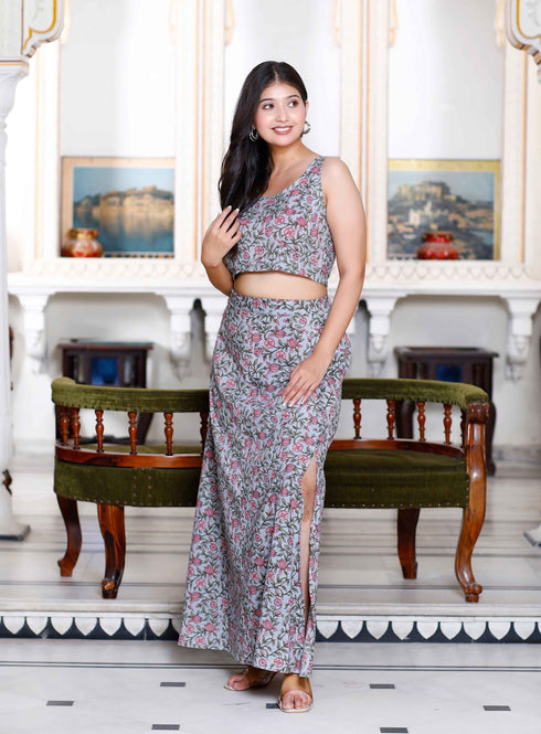 Miravan Womens Grey Floral Printed Crop Top And Skirt Co Ord Set