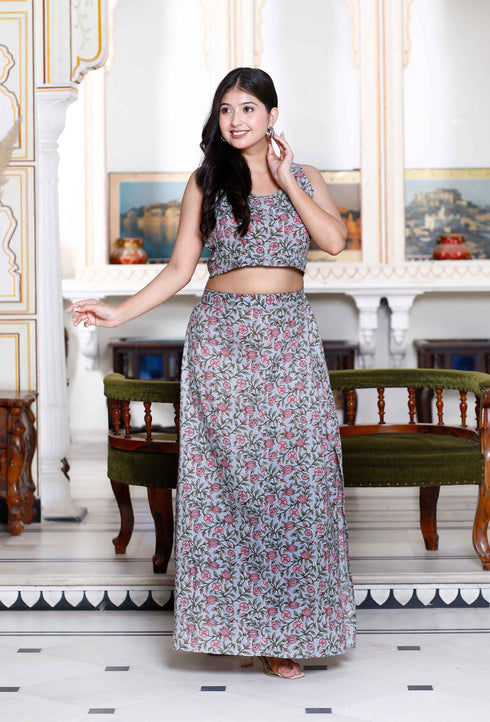Miravan Womens Grey Floral Printed Crop Top And Skirt Co Ord Set