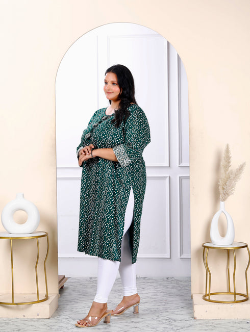 Miravan Womens Plus Size Rayon Green Bandhani Printed Straight Kurti