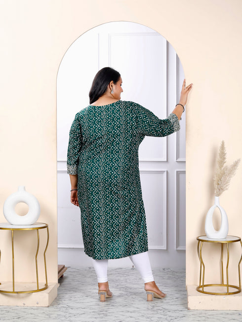 Miravan Womens Plus Size Rayon Green Bandhani Printed Straight Kurti
