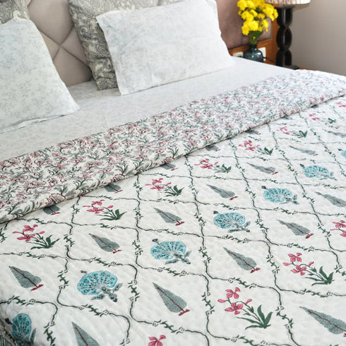 CREATUNIQ Garden Glow Reversible Hand Block Printed Cotton Quilt