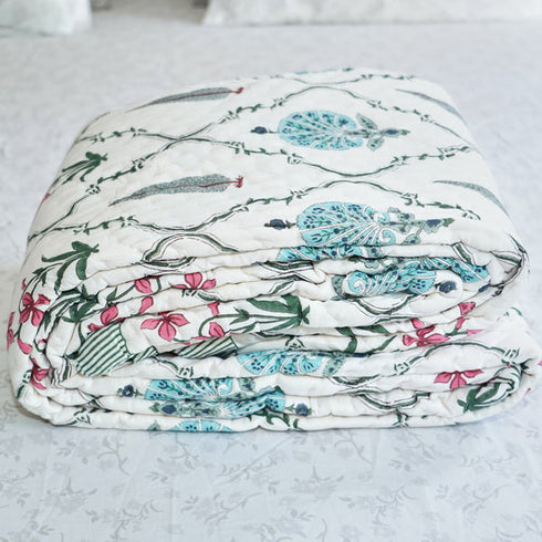 CREATUNIQ Garden Glow Reversible Hand Block Printed Cotton Quilt