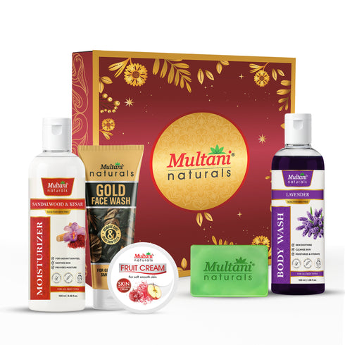 Multani Pharmaceuticals Limited Multani Naturals Beauty Gift Set 5 in 1 Sandalwood & Kesar Moisturizer Gold Face Wash Mix Fruit Cream Aloe Vera Soap & Lavender Body Wash Complete Skin Care Combo for Men & Women
