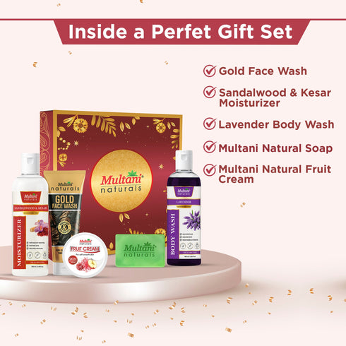 Multani Pharmaceuticals Limited Multani Naturals Beauty Gift Set 5 in 1 Sandalwood & Kesar Moisturizer Gold Face Wash Mix Fruit Cream Aloe Vera Soap & Lavender Body Wash Complete Skin Care Combo for Men & Women