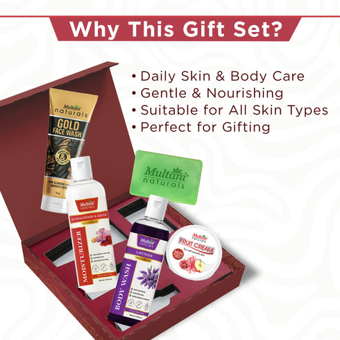 Multani Pharmaceuticals Limited Multani Naturals Beauty Gift Set 5 in 1 Sandalwood & Kesar Moisturizer Gold Face Wash Mix Fruit Cream Aloe Vera Soap & Lavender Body Wash Complete Skin Care Combo for Men & Women