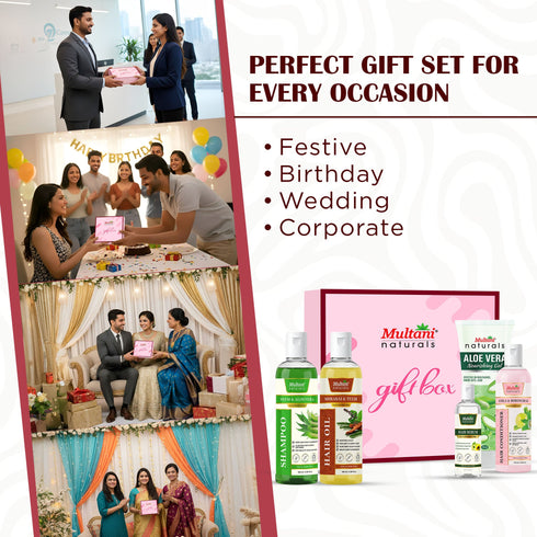 Multani Pharmaceuticals Limited Multani Naturals Perfect Hair Care Gift Set for Every Occasion Neem & Aloevera Shampoo Amla & Bhringraj Conditioner Shikakai & Tulsi Hair Oil Aloe Vera Gel Hair Serum