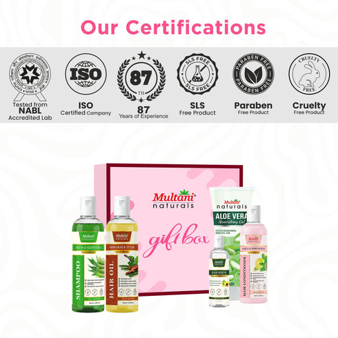 Multani Pharmaceuticals Limited Multani Naturals Perfect Hair Care Gift Set for Every Occasion Neem & Aloevera Shampoo Amla & Bhringraj Conditioner Shikakai & Tulsi Hair Oil Aloe Vera Gel Hair Serum