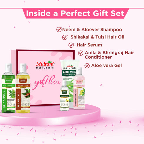 Multani Pharmaceuticals Limited Multani Naturals Perfect Hair Care Gift Set for Every Occasion Neem & Aloevera Shampoo Amla & Bhringraj Conditioner Shikakai & Tulsi Hair Oil Aloe Vera Gel Hair Serum