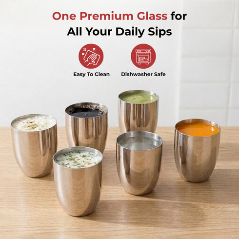 Vinod Stainless Steel Vento Glass Set of 6 300 ml Highest Grade Steel Mirror Finish Rust Free Easy to Clean and Dishwasher Safe