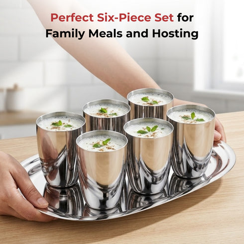 Vinod Stainless Steel Vento Glass Set of 6 300 ml Highest Grade Steel Mirror Finish Rust Free Easy to Clean and Dishwasher Safe