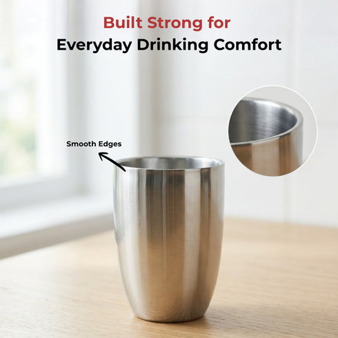 Vinod Stainless Steel Vento Glass Set of 6 300 ml Highest Grade Steel Mirror Finish Rust Free Easy to Clean and Dishwasher Safe