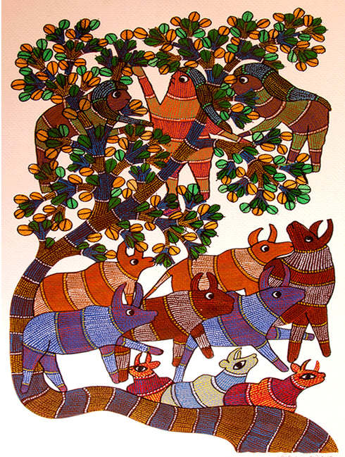 The India Craft House Gond Art Painting Large | Trees, Birds, Cows