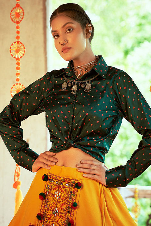 Shubhkala Green Gajji Silk Prined Work Navratri Crop-Top Skirt