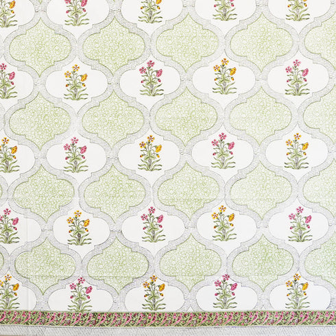 CREATUNIQ Green Jaali Floral Hand Printed Cotton Bedsheet