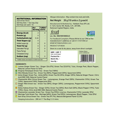 Vahdam Tea Assorted Green Tea Bags Sampler | 10 Variants