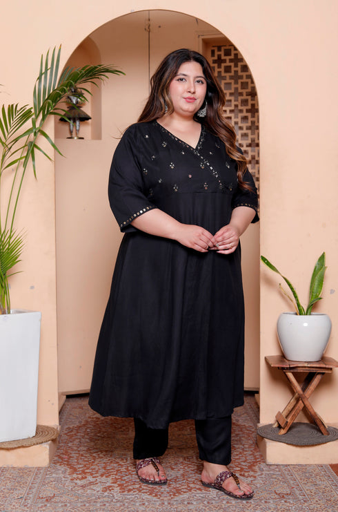Miravan Womens Plus Size Black Mirror work Angrakha Kurta and Palazzo Set