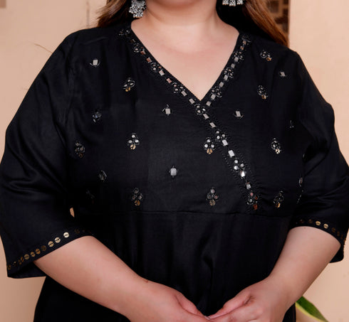 Miravan Womens Plus Size Black Mirror work Angrakha Kurta and Palazzo Set