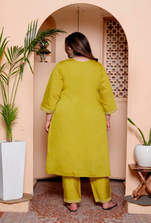 Miravan Womens Plus Size Muslin Yellow Kurta and Palazzo with Dupatta Set