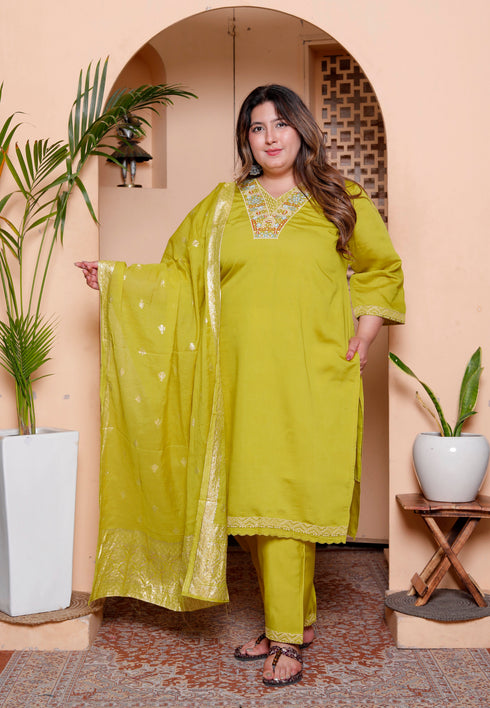 Miravan Womens Plus Size Muslin Yellow Kurta and Palazzo with Dupatta Set
