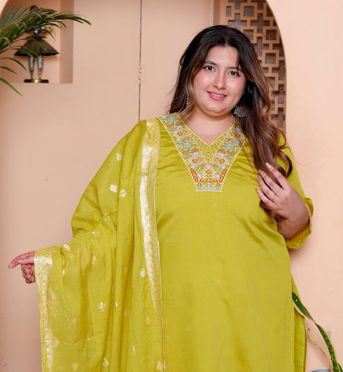 Miravan Womens Plus Size Muslin Yellow Kurta and Palazzo with Dupatta Set